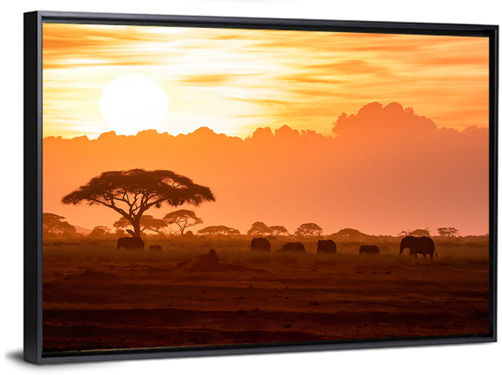 African Elephant Herd at Sunset Wall Art