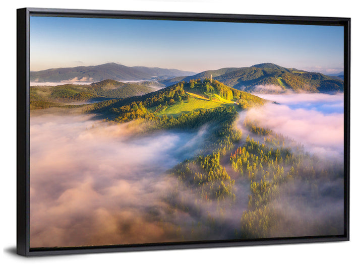 Foggy Mountain Sunrise Wall Art as a framed canvas