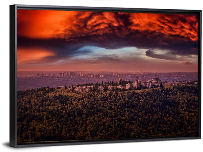 Burnaby Mountain Sunset Skyline Wall Art as a framed canvas