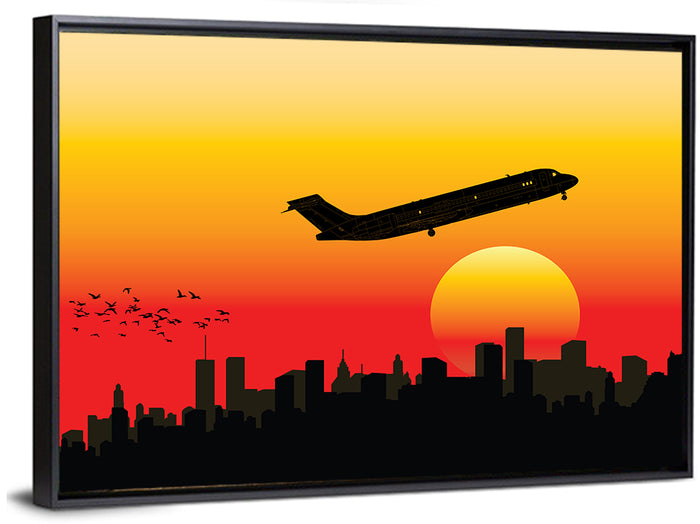 Airplane Over Sunset Skyline Wall Art as a framed canvas