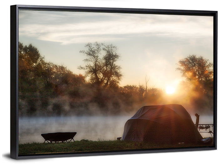 Fishing Tents at Sunrise Wall Art as a framed canvas