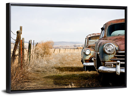 Abandoned Rusty Vintage Cars Behind Barbed Wire Wall Art