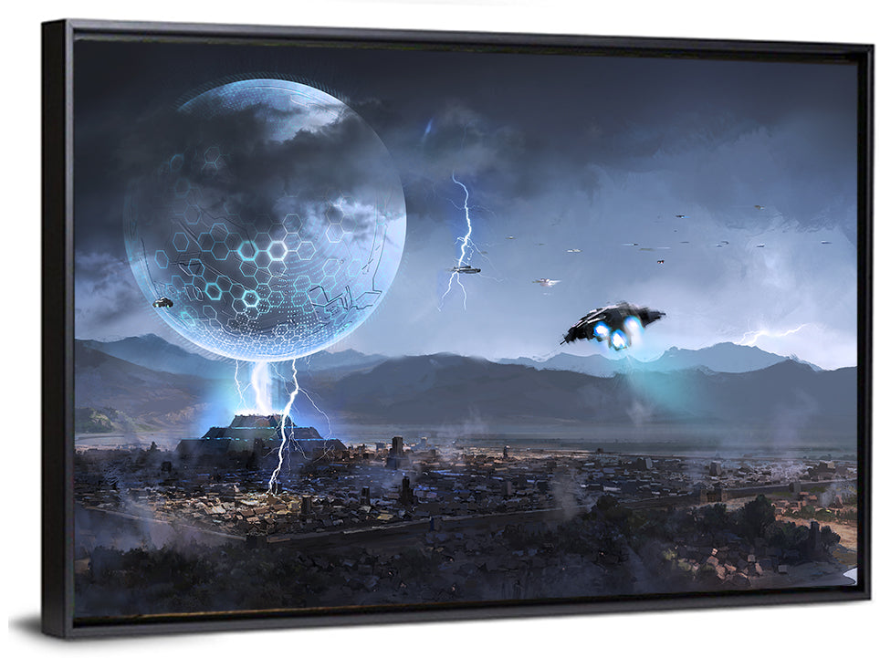 Alien Planet Cityscape with Spaceships Wall Art