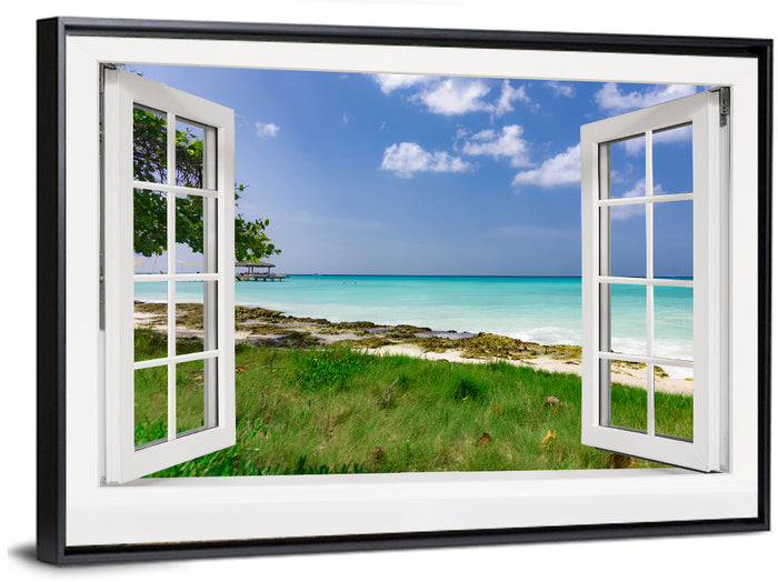 Gazebo on Pier Over Turquoise Ocean Wall Art as a framed canvas