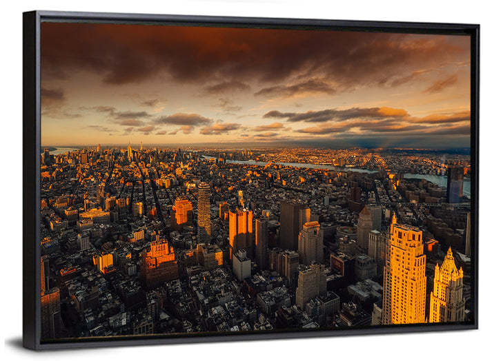 South Manhattan Sunset Skyline Wall Art as a framed print