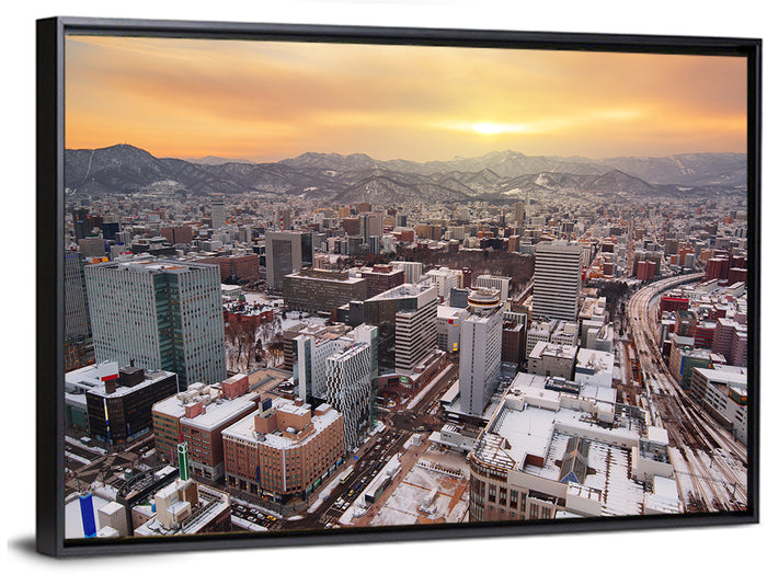 Sapporo Station Skyline at Golden Hour Wall Art as a framed print