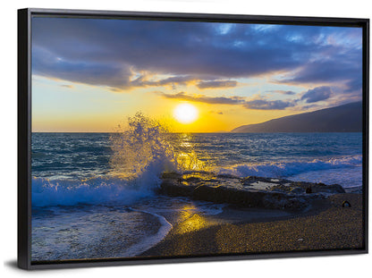 Crashing Wave at Golden Sunset Wall Art