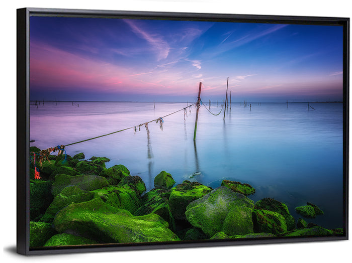 Mossy Coastal Rocks at Dusk Wall Art as a framed canvas