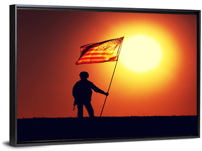 Soldier Silhouette with American Flag Wall Art as a framed canvas