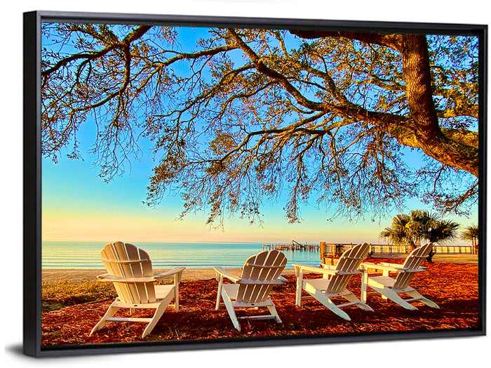 Mobile Bay Adirondack Chairs at Sunrise Wall Art as a framed canvas