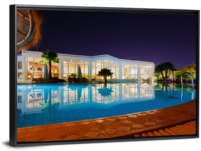 Moonlit Resort Pool Reflection Wall Art as a framed canvas