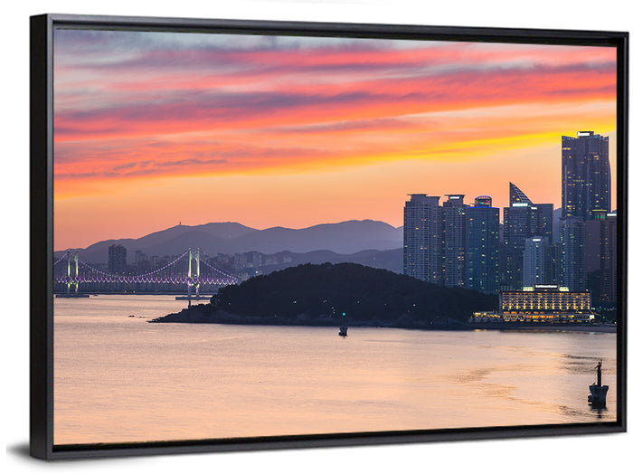 Gwangan Bridge and Busan Skyline Wall Art as a framed canvas