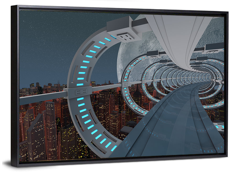 Futuristic City Tunnel with Moon Wall Art