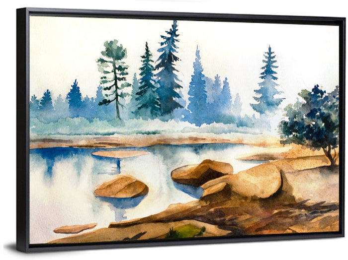 Misty Pine Stream Wall Art as a framed canvas