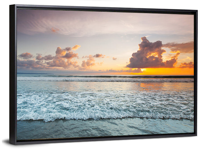 Golden Hour Beach Sunset Surf Wall Art as a framed canvas