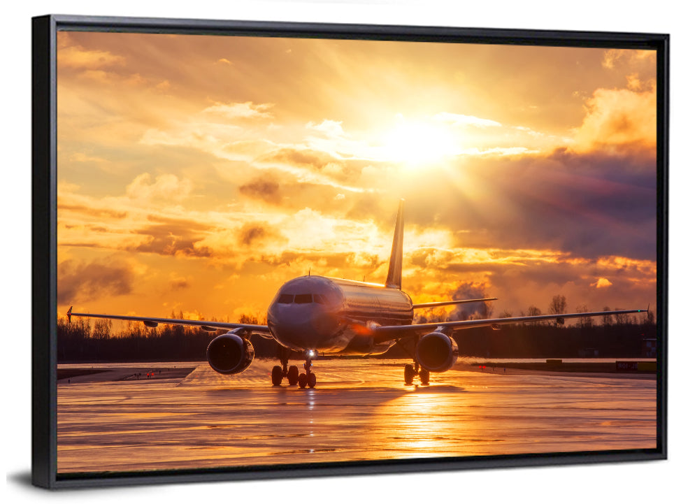 Golden Hour Airliner on Wet Runway Wall Art