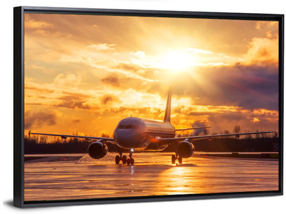 Golden Hour Airliner on Wet Runway Wall Art