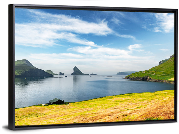 Tindhólmur and Drangarnir Coastal Bay Wall Art as a framed canvas
