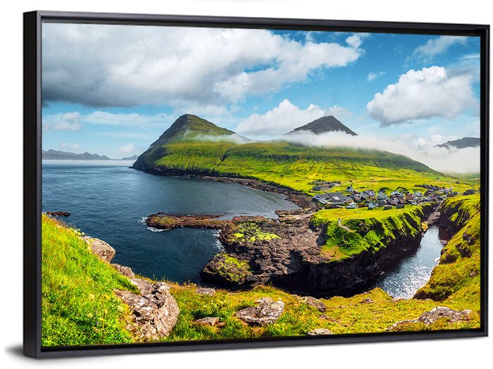 Gjógv Harbor Coastal Village Wall Art as a framed canvas