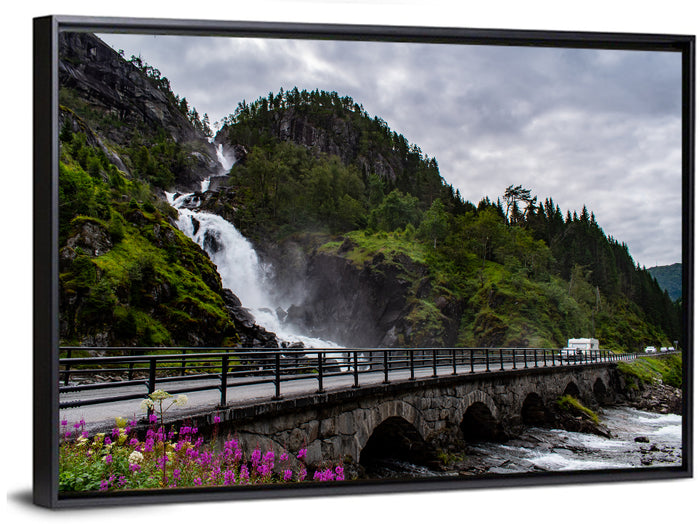 Låtefossen Stone Bridge and Waterfall Wall Art as a framed canvas