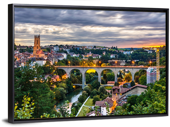 Zähringen Bridge at Twilight, Fribourg Wall Art as a framed canvas