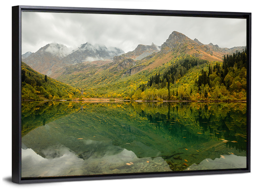 Kardyvach Lake Reflection Under Clouded Peaks Wall Art