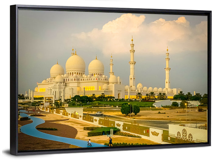 Sheikh Zayed Grand Mosque at Golden Dusk Wall Art as a framed canvas