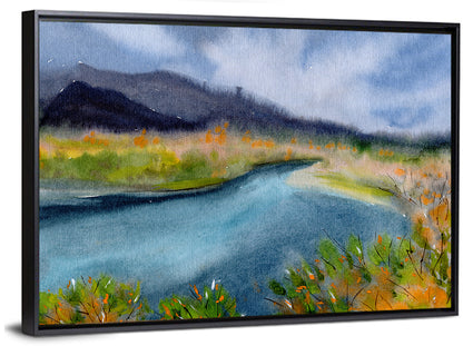 Misty Autumn River and Mountain Landscape Wall Art