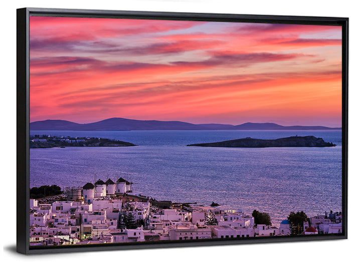 Mykonos Windmills at Sunset Wall Art as a framed canvas