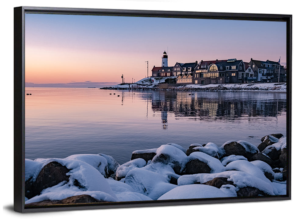 Urk Lighthouse Winter Twilight Harbor Wall Art