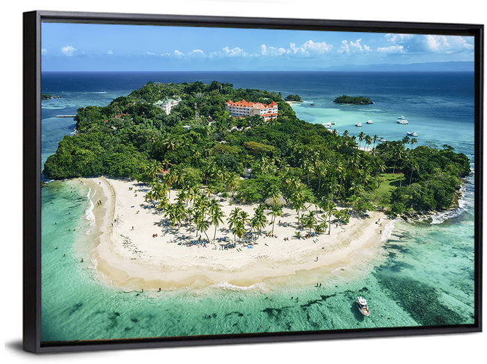 Cayo Levantado Aerial Beach Resort Wall Art as a framed canvas