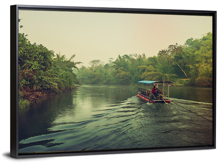 Misty Long-tail Boat on River Kwai Wall Art as a framed canvas