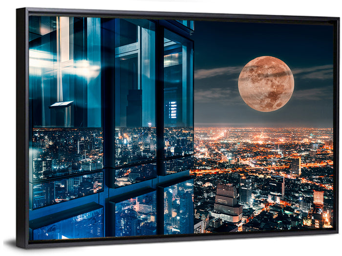 Bangkok Moonlit Skyline Wall Art as a framed canvas