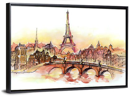 Eiffel Tower Watercolor at Dusk Wall Art