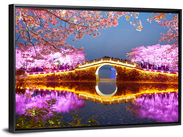 Illuminated Cherry Blossom Bridge Wall Art as a framed canvas