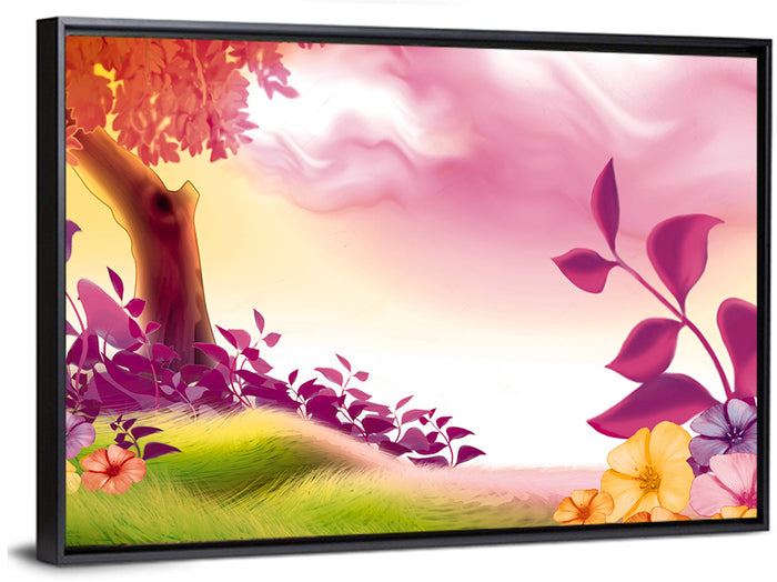 Dreamy Summer Meadow Illustration Wall Art as a framed canvas
