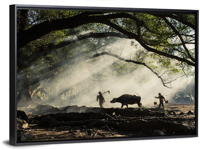 Village Morning with Buffalo Wall Art as a framed canvas
