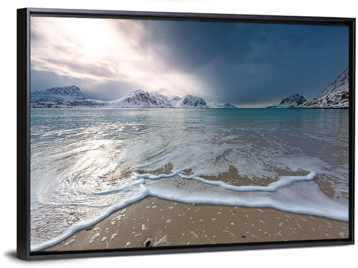 Haukland Beach Winter Light Wall Art as a framed canvas