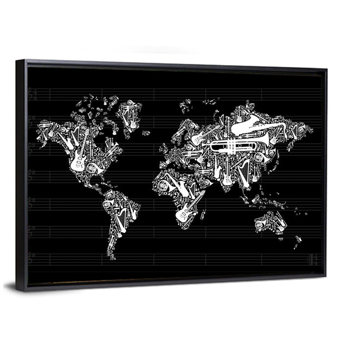 Instrument Silhouette World Map Wall Art as a framed canvas
