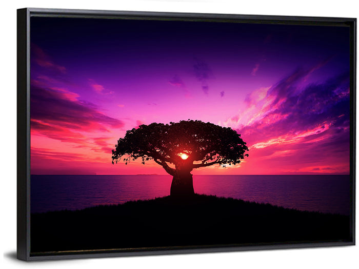 Baobab Sunset Silhouette Wall Art as a framed canvas