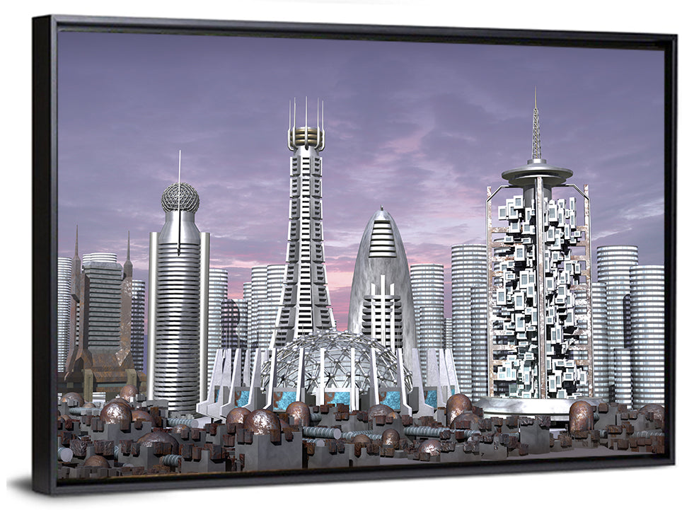 Purple Dusk Futuristic Cityscape Wall Art
