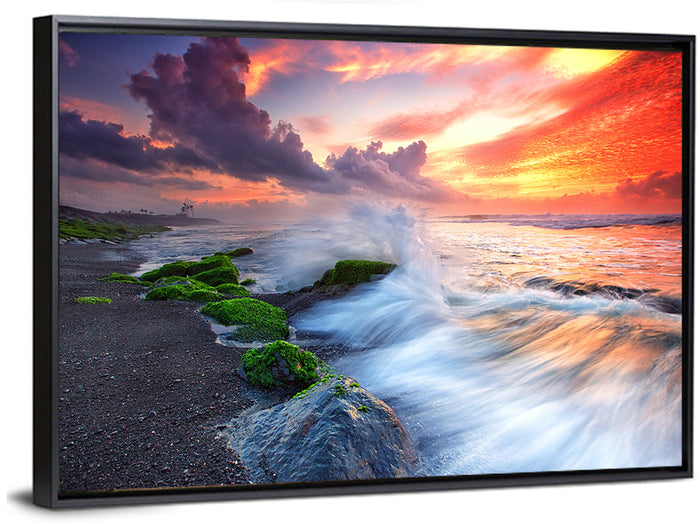 Ocean Waves Under Burning Sky Wall Art as a framed canvas