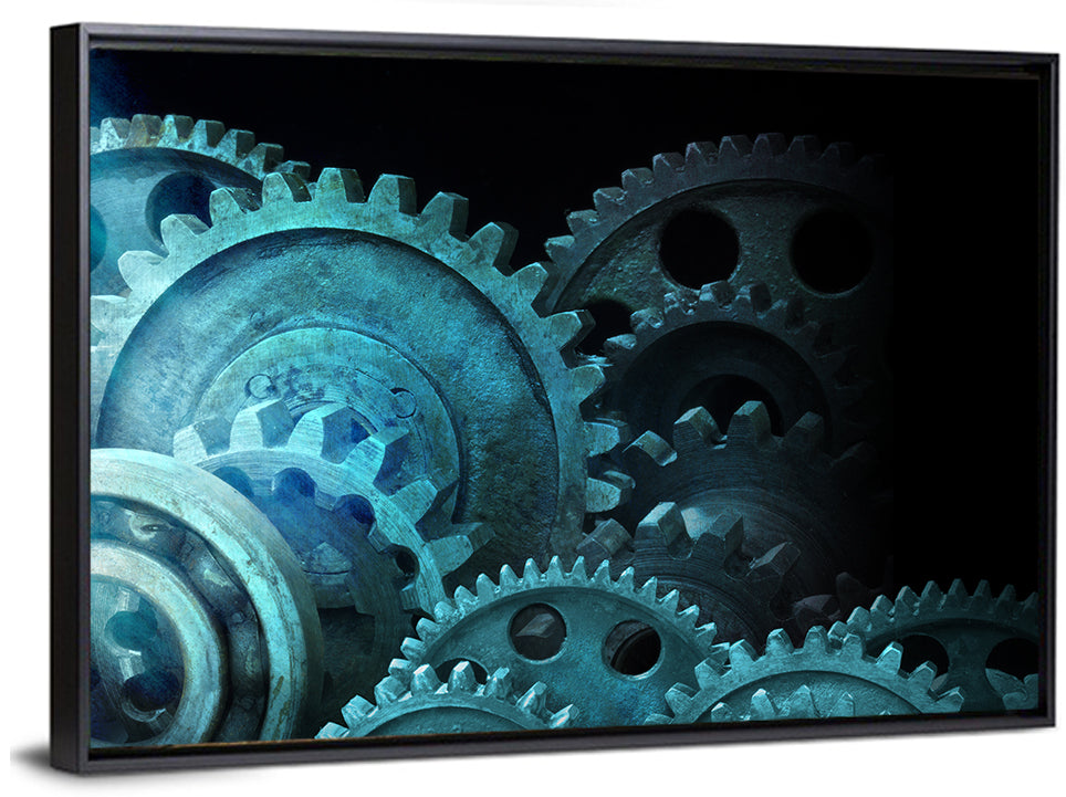 Teal and Steel Cogwheel Close-up Wall Art