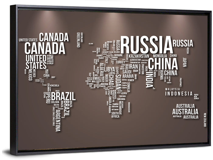 World Map Typography in Brown and White Wall Art as a framed canvas