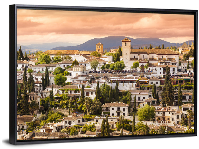Granada Albaicín Sunset Cityscape Wall Art as a framed canvas