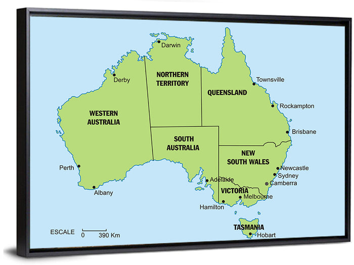 Minimalist Australia Map with State Labels Wall Art as a framed canvas
