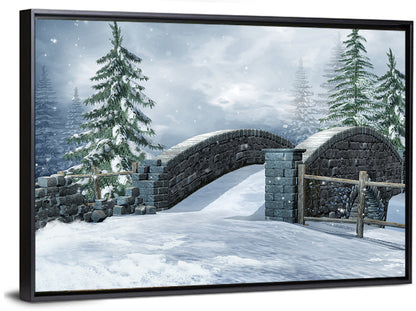 Snowy Stone Bridge in Winter Forest Wall Art