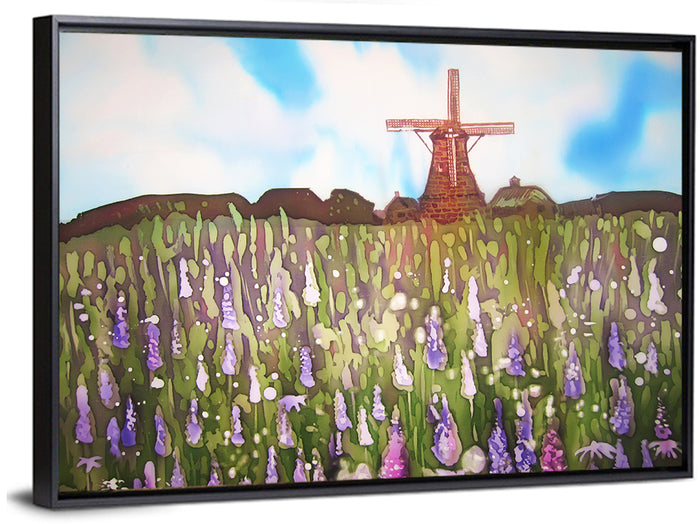 Ink Wash Windmill in Blooming Field Wall Art as a framed canvas