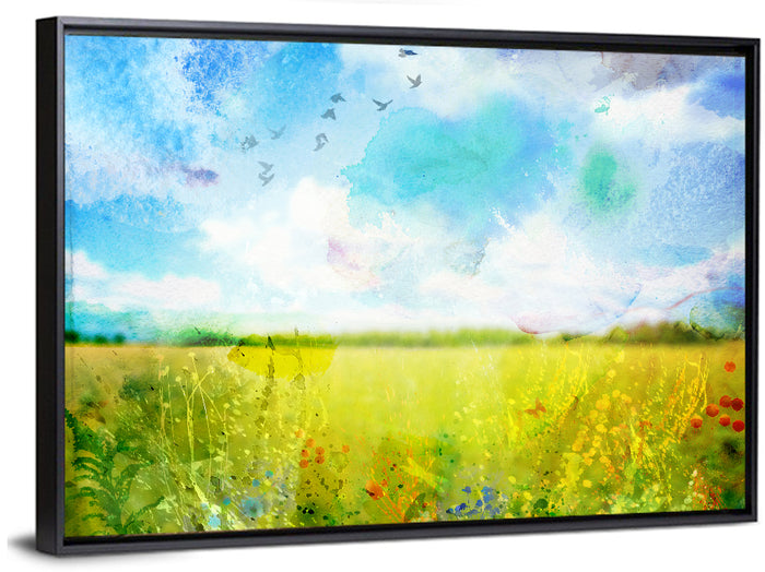 Watercolor Wildflower Field Wall Art as a framed canvas