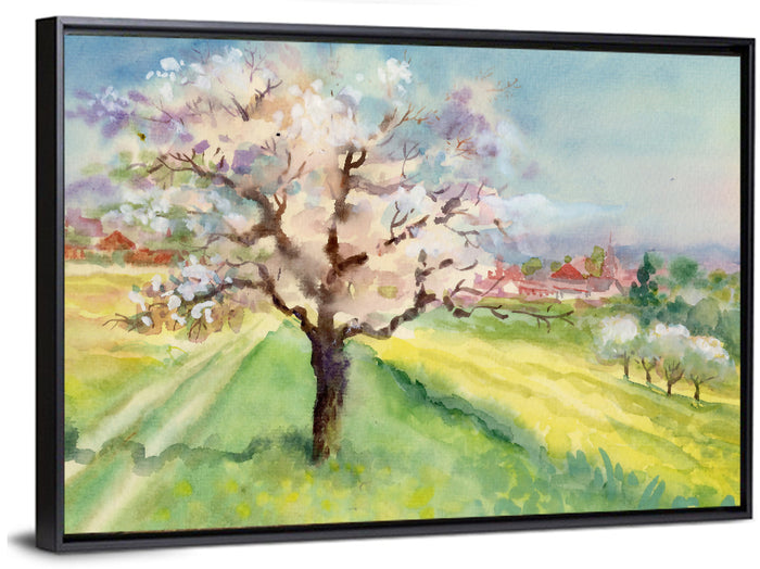 Spring Village Watercolor Wall Art as a framed canvas
